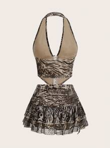 SHEIN ICON Women Leopard Print Halter Cropped Top And Low-Waist Mini Skirt Set - Multicolor - View 2