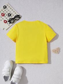 SHEIN 小男孩休闲鲨鱼图案印花黄色圆领短袖 T 恤，夏季 - 黃色 - 查看 2