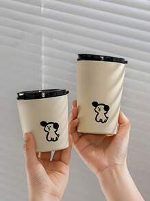 1pc Lovely Puppy Printed Coffee Cup With Lid, Stainless Steel Insulated Water Bottle Mini Portable Travel Cup Outdoor Mug - Mustard Yellow - View 7
