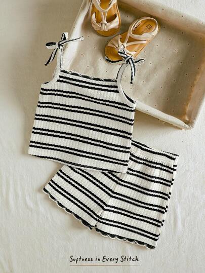 Cozy Pixies 2 件套女婴彩色条纹撞色荷叶边吊带上衣和松紧腰短裤套装