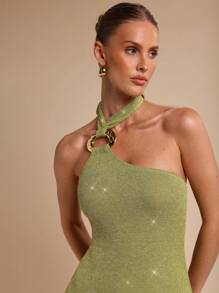 COSMINA 女式无袖纯色圆形装饰项链修身迷你连衣裙 - 橄欖綠 - 查看 4