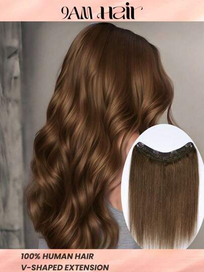 一片式 V 形夹式接发，后 V 形，100% 真人头发，蜜棕色直发，适合女性，易于造型、轻盈、透气、隐形，适合所有发质和日常佩戴 S4
