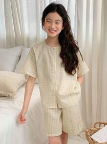 DAZY Tween Girls Plaid Pajama Set With Short Sleeve Top And Shorts - Yellow - View 5