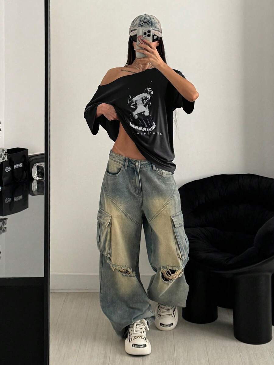 StreetHx Camiseta suelta con estampado de perro al hombro, estilo callejero punk, talla grande, color negro, ropa de calle para mujeres, camisetas gráficas para mujeres