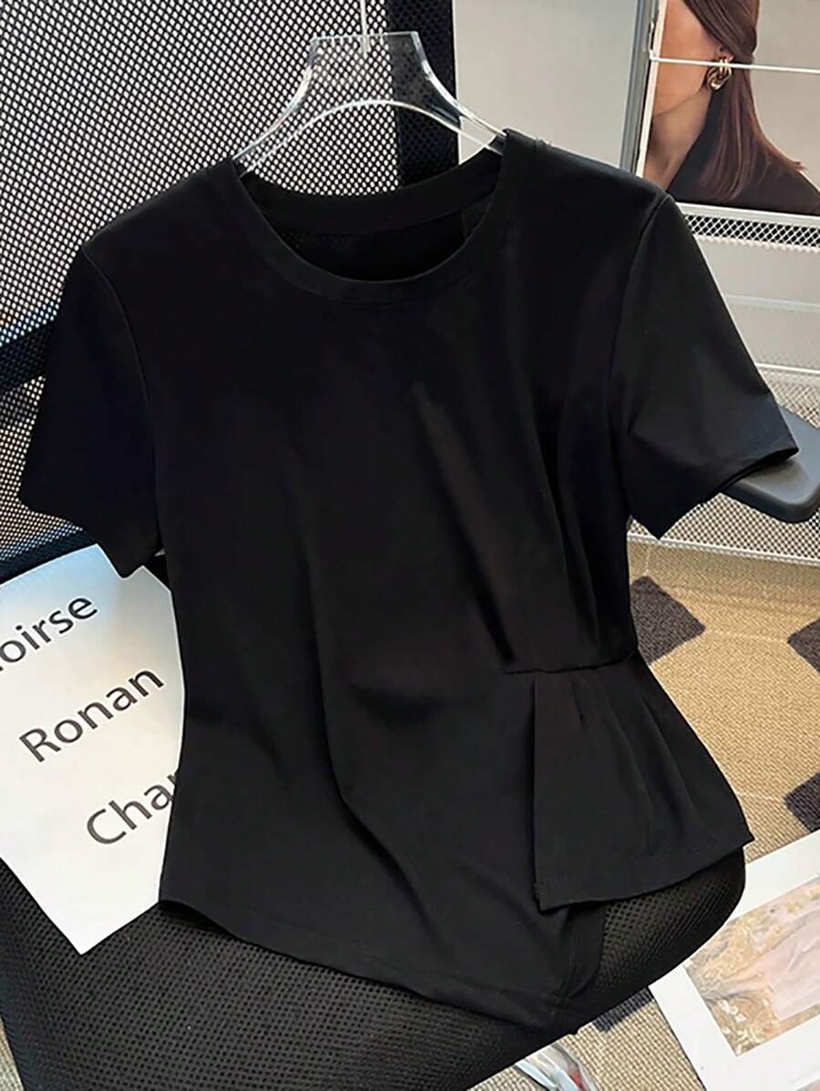 Franclia 1 Áo thun trơn màu đơn giản không đối xứng cho nữ - màu đen - Xem 1