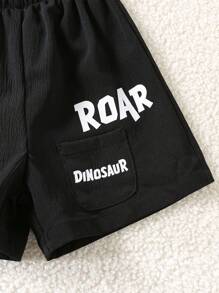 SHEIN 2件套男童夏季休闲韩版可爱字母印花中式领上衣短裤套装 - 黑色 - 查看 9