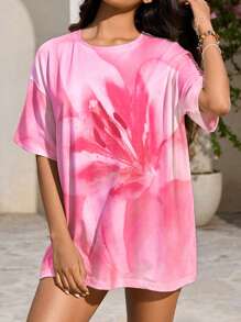 SHEIN Camiseta de mujer holgada con cuello redondo y estampado total, para verano - Blanco - Ver 3