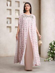 Al Najma Kaftan largo con estampado integral y decoración con rhinestones, vestido tradicional elegante turco y árabe para mujer