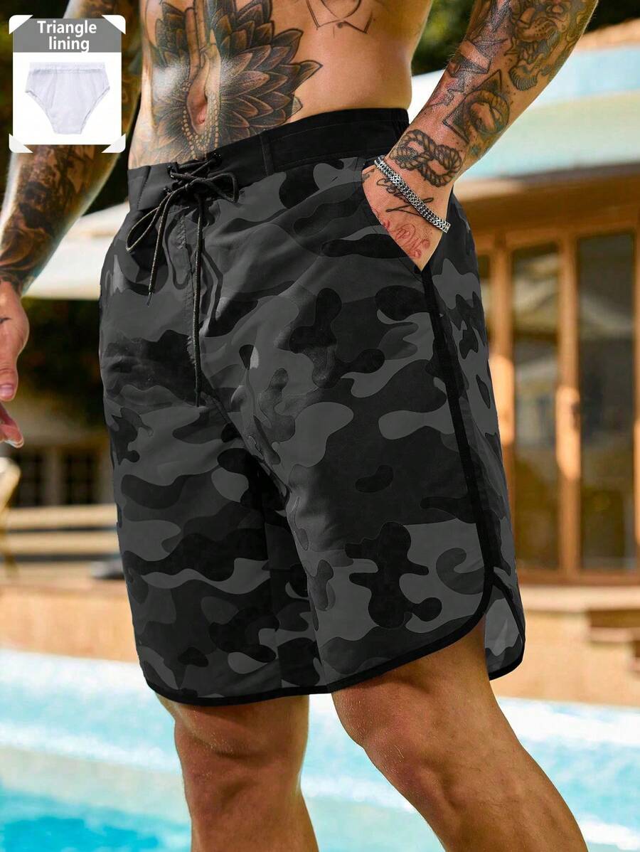 Manfinity Swimmode Men's Summer Holiday Casual Camo Print Drawstring Waist Side Pocket Beach Shorts Men Camo Shorts Men Streetwear Shorts
