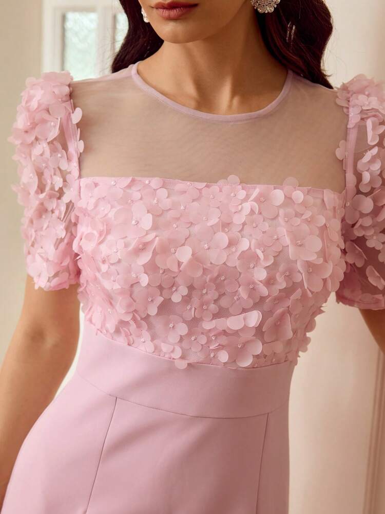 ZEYLAH Women's Solid Color Applique Decor Mesh Patchwork Short Sleeve Fitted Elegant Mid-Length Dress