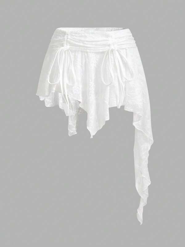 SHEIN ICON Women's Lace Patchwork Beige Asymmetrical Drawstring Mini Skirt, Summer
