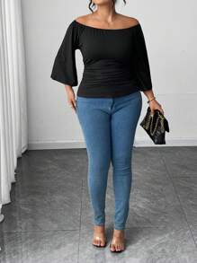 Elenzga Áo thun nữ hở vai tay loe bèo nhún màu trơn thời trang cỡ lớn - màu đen - Xem 5