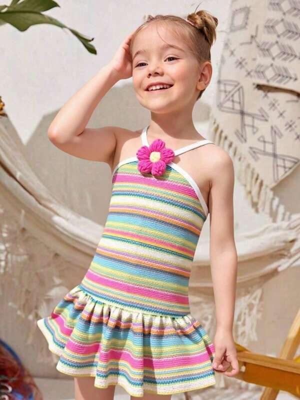 SHEIN Young Girl Summer Korean Style Cute Tie Shoulder Rainbow Striped Backless Dress, Sweet & Fashionable For Vacation