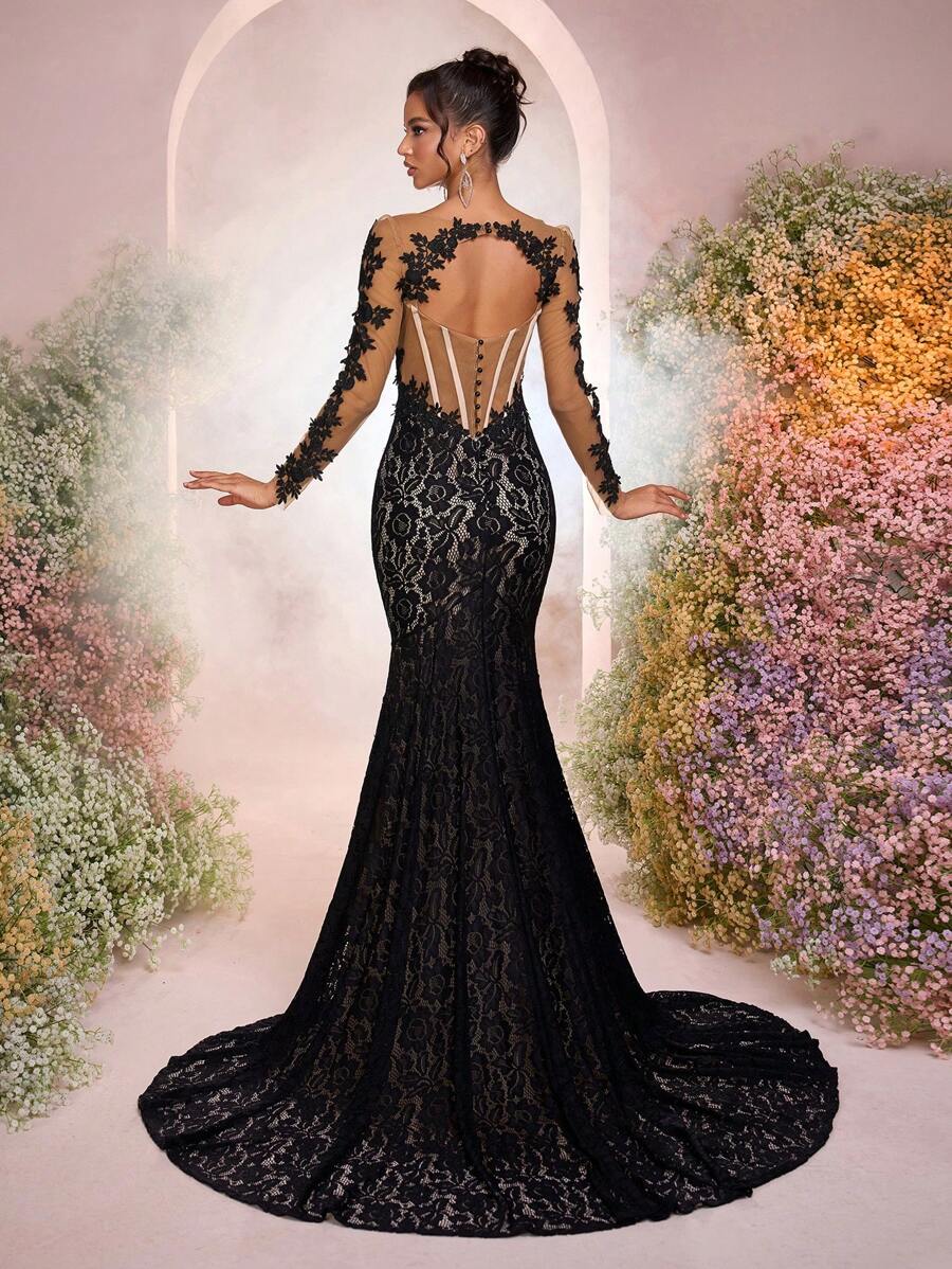 Glamrae Váy bodycon đuôi cá thêu hoa ren thanh lịch với tay dài buông xõa, váy hở lưng gợi cảm thích hợp cho đám cưới, tiệc tùng, tuần trăng mật - màu đen - Xem 1