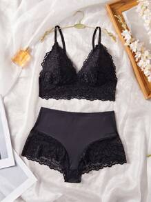 Snug Zone 2件套女士法式蕾丝内衣套装 - 黑色 - 查看 4