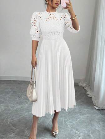 Rafferiza 优雅奢华镂空刺绣拼布百褶连衣裙