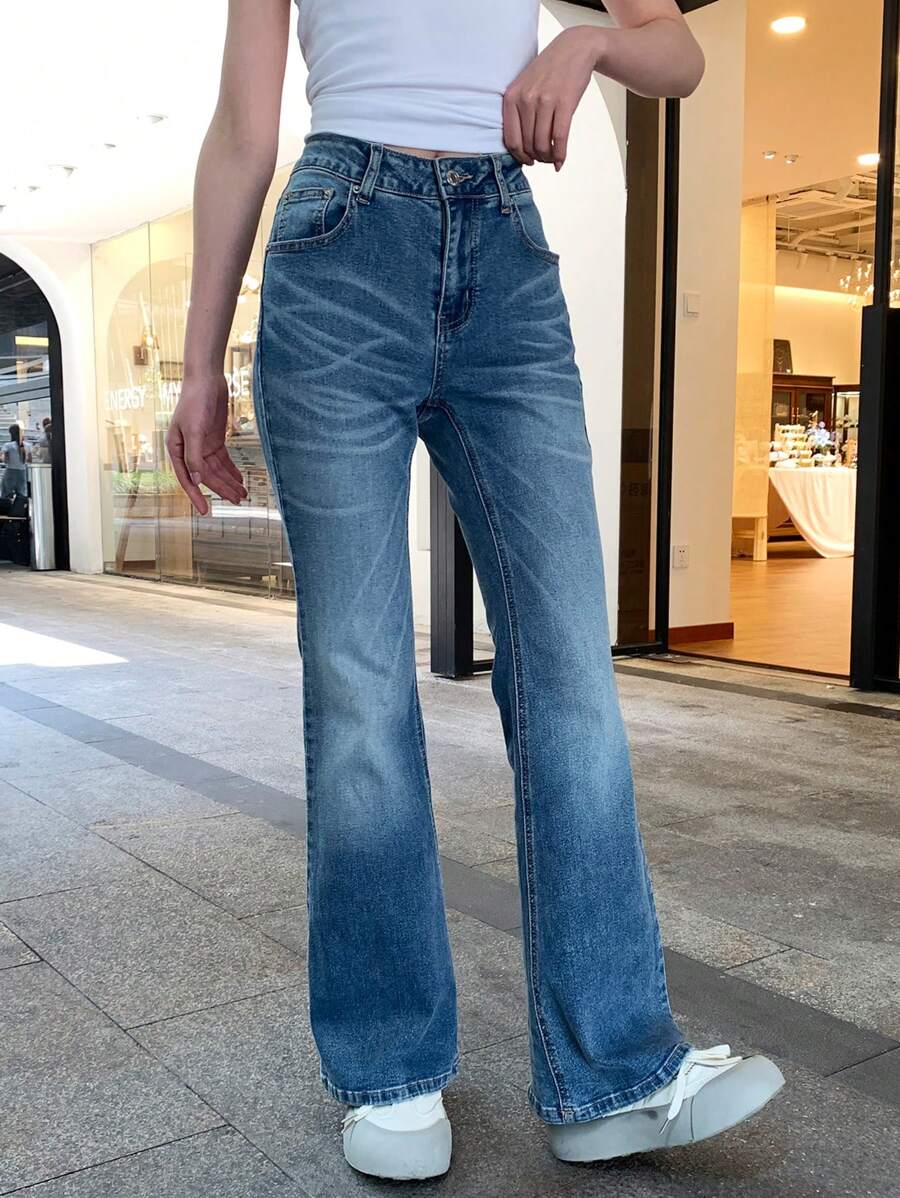 SHEIN ICON 休闲水洗高腰喇叭牛仔裤 - 藍色 - 查看 1