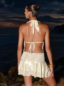 Opulessa 女式纯色针织低胸露背荷叶边下摆迷你连衣裙 - 金色 - 查看 3