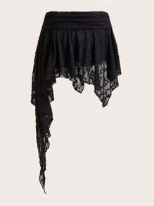 SHEIN ICON Women's Summer Lace Patchwork Beige Asymmetrical Drawstring Mini Skirt