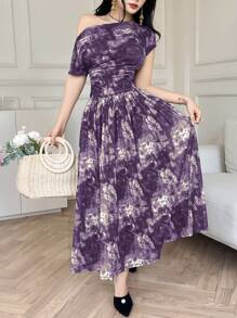 Modelyn 女士夏季时尚扎染印花不对称领口上衣和裙子两件套 - 紫色 - 查看 6