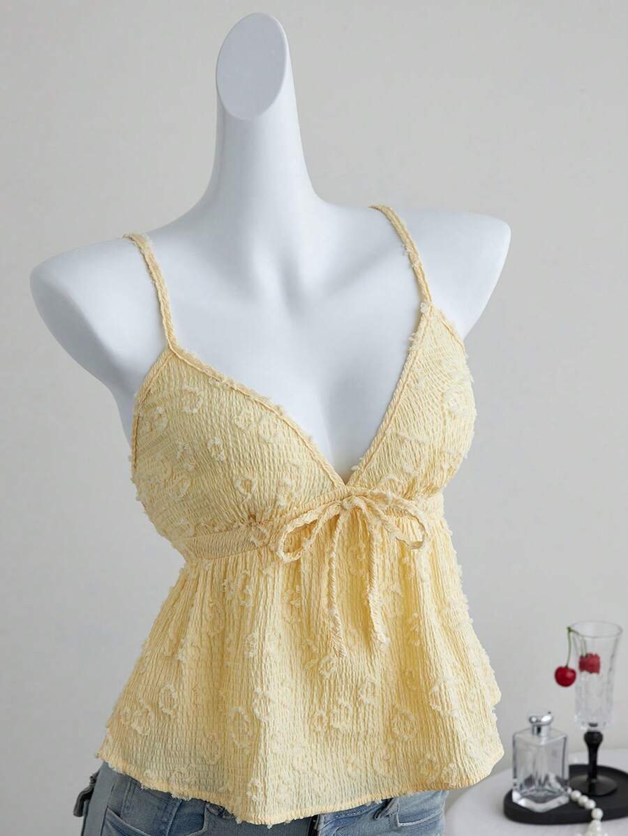 Elamini 黄色编织提花面料露背娃娃背心上衣，高腰海滩优雅可爱性感休闲派对日常装，适合女士夏季 - 黃色 - 查看 1
