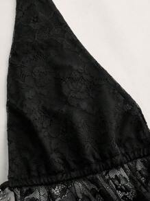 SHEIN ICON 女士 Y2k 性感勃艮第红色蕾丝露背挂脖休闲上衣，日常穿着 - 黑色 - 查看 4