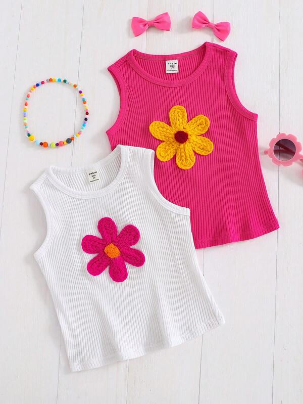 SHEIN Set de 2 camisolas de niña joven con decoración floral, cuello redondo, de estilo casual y cómodo