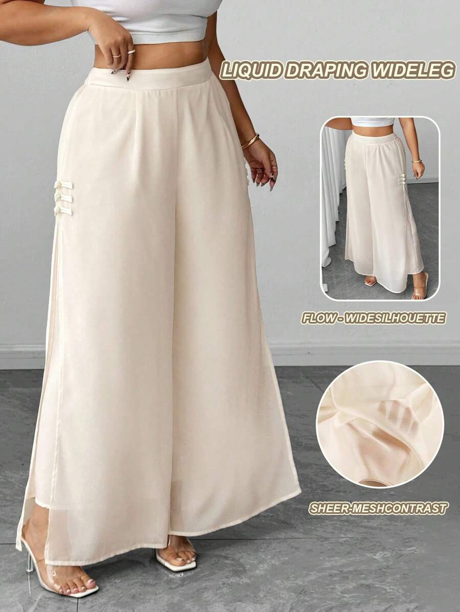 Elenzga Pantaloni eleganti con fessura, in chiffon, con bottoni, taglie forti