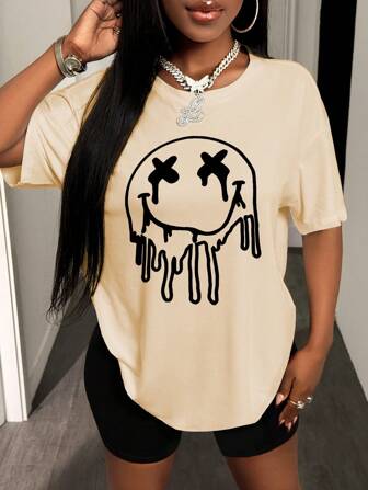 BamGleam 宽松超大简约落肩T恤，带脸部图案，女式上衣