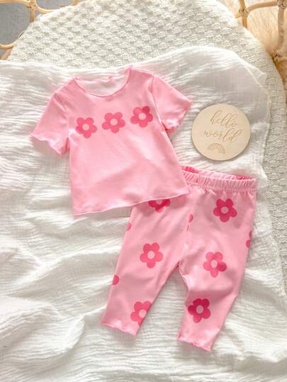 新生女婴可爱花卉针织短袖上衣和松紧腰裤两件套服装套装，夏季
