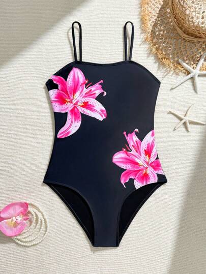 SHEIN 青少年女孩连体泳衣，优雅花卉上衣和下装设计，时尚休闲奢华，适合游泳、度假、夏季