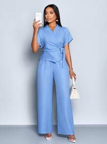 SOLERSUN Women's Spring And Summer Casual Commuting Solid Color Two Pieces Set, Irregular Waist Strap, Waist Tight, Daily Travel Two Pieces Set, Simple Set