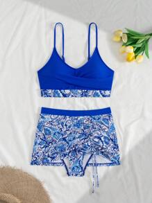 Swim Lushoire 两件套针织随机印花抽绳夏季女式泳衣 - 寶藍色 - 查看 4