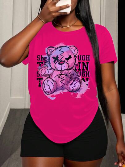Zolique 修身女式休闲短袖 T 恤，女式泰迪熊图案图案 T 恤女式上衣