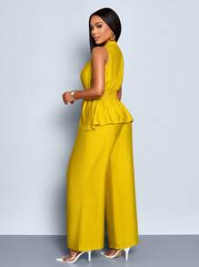 SOLERSUN Setelan Wanita 2pcs/Set Warna Polos Bahan Mirip Linen, Blus Tanpa Lengan Leher V dengan Sabuk dan Celana Panjang Lebar - Mustard Yellow - View 2
