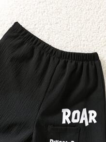 SHEIN 2件套男童夏季休闲韩版可爱字母印花中式领上衣短裤套装 - 黑色 - 查看 8