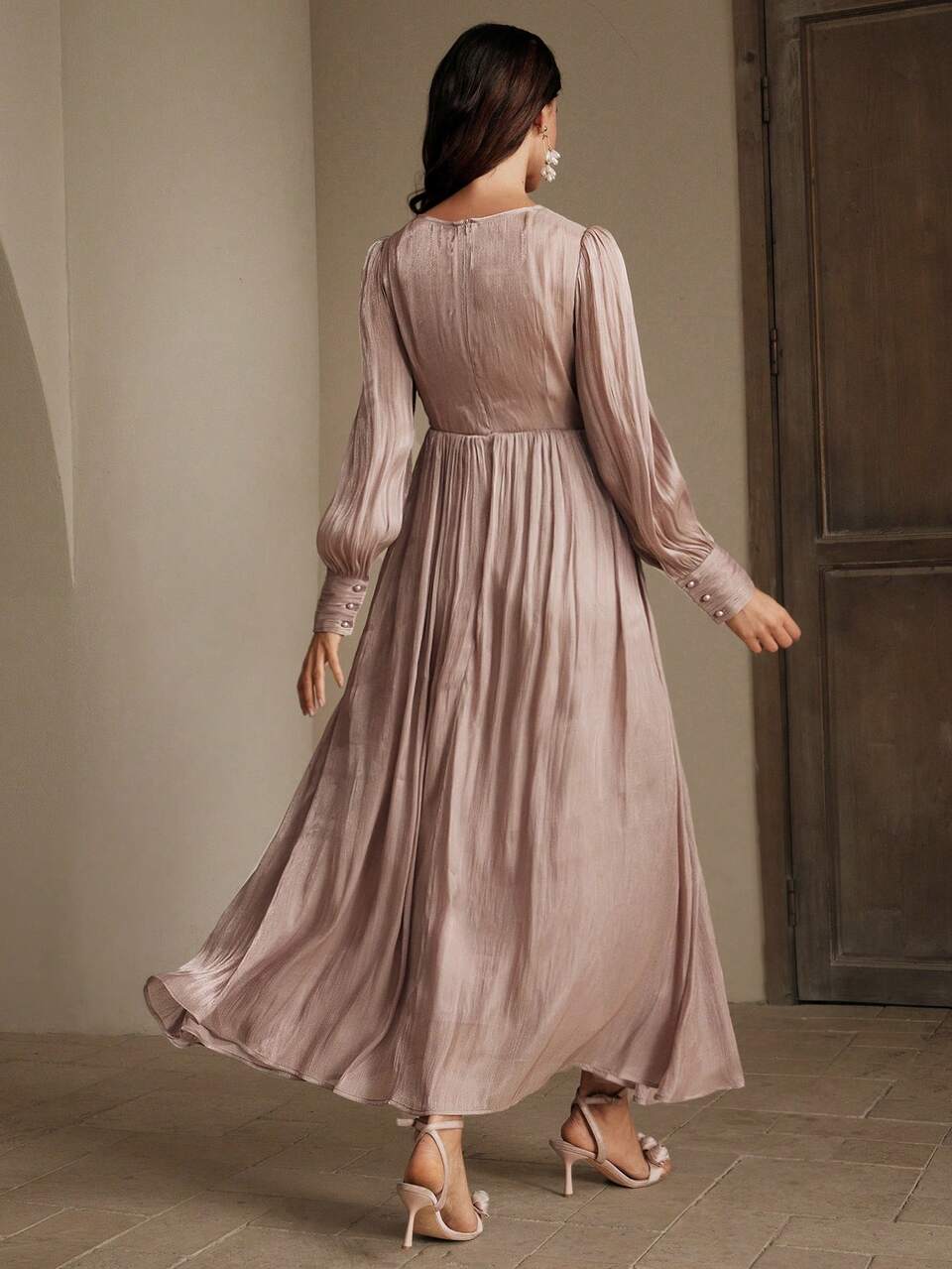 Women's Long Crossover Neckline Ruffle Hem Pleated Bubble Long Sleeve Elegant Formal Evening Dress