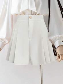 GlowEve 新款女式梭织面料褶皱 A 字型前拉链后松紧腰修身中腰短裤，百搭舒适优雅短裤，适合日常穿着 - 杏色 - 查看 6