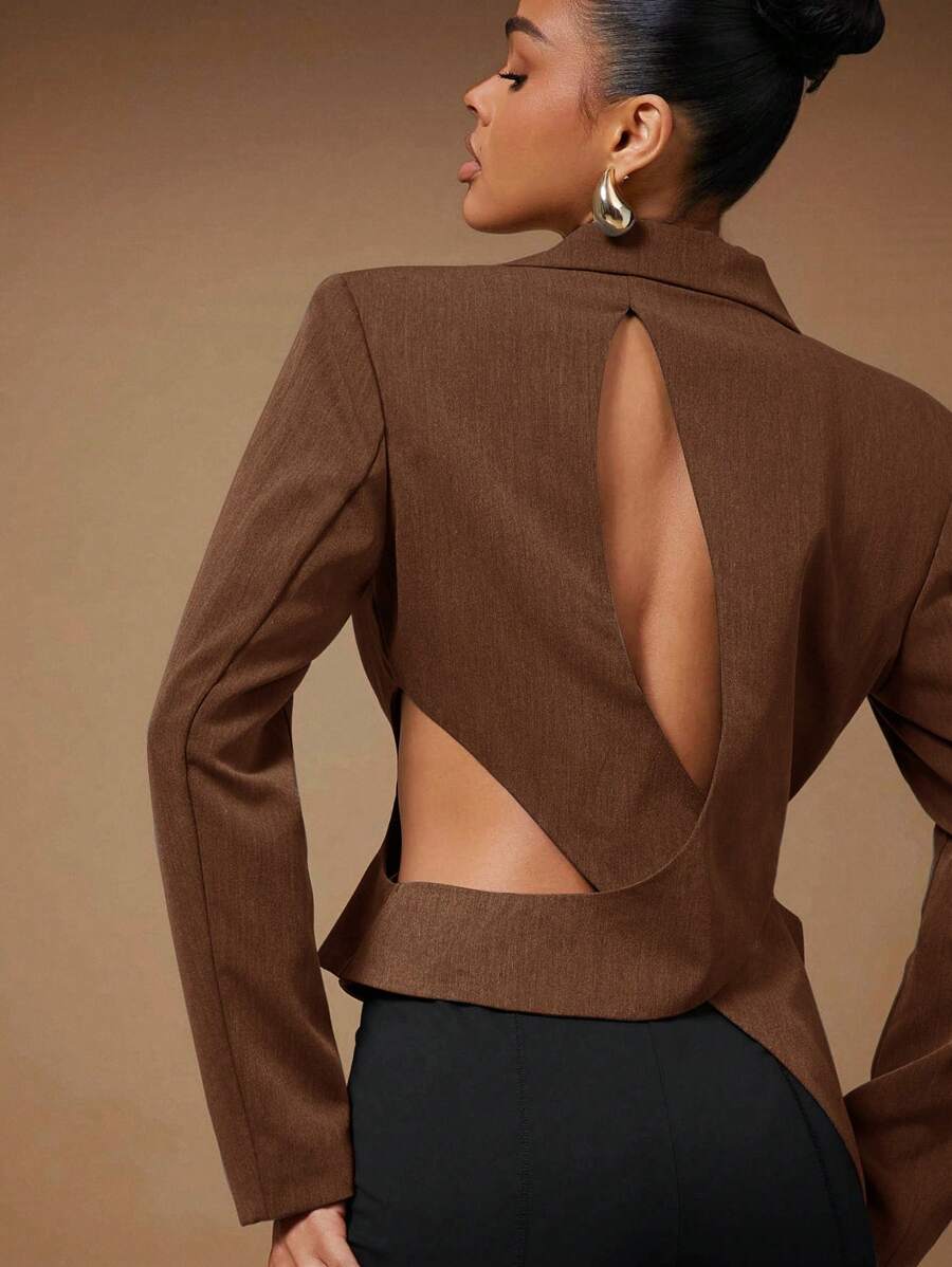 Hauture Fashionable Sexy Asymmetric Hollow Out Blazer - Coffee Brown - View 1