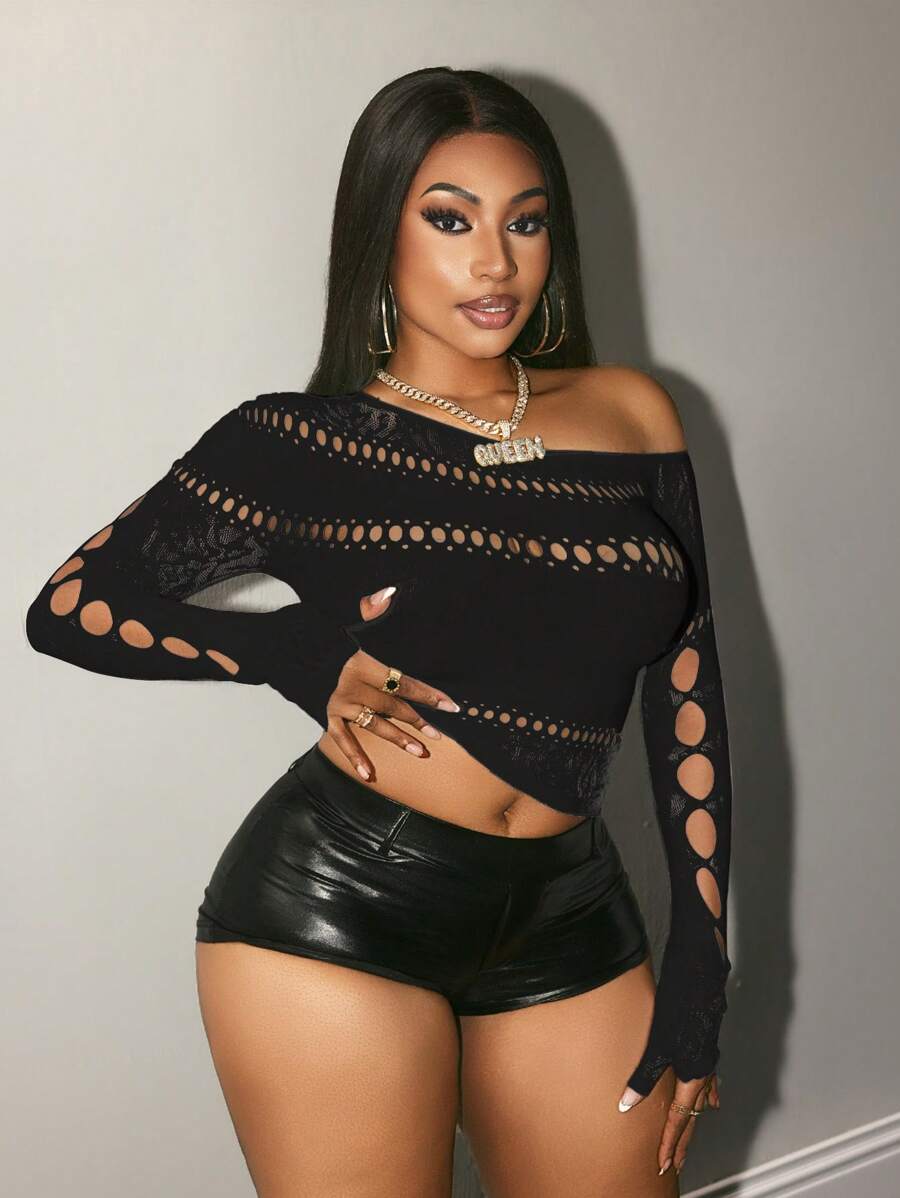 BamGleam Áo cánh lưới rỗng cổ chữ V tay dài không đối xứng màu trơn cho nữ - màu đen - Xem 1