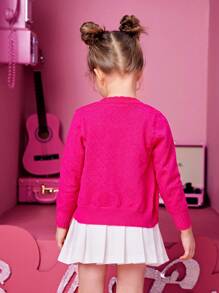 SHEIN Young Girl V-Neck Long Sleeve Cardigan With Heart Pattern,In Fall/Winter - Hot Pink - View 2