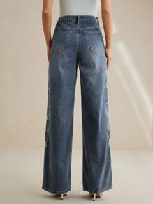 Anewsta Women Floral Embroidered Patch Pockets Straight Loose Casual Versatile Denim Jeans