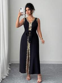 Elenzga Plus Size Fashion Embroidery Patch V-Neck High-End Dress - Black - View 3