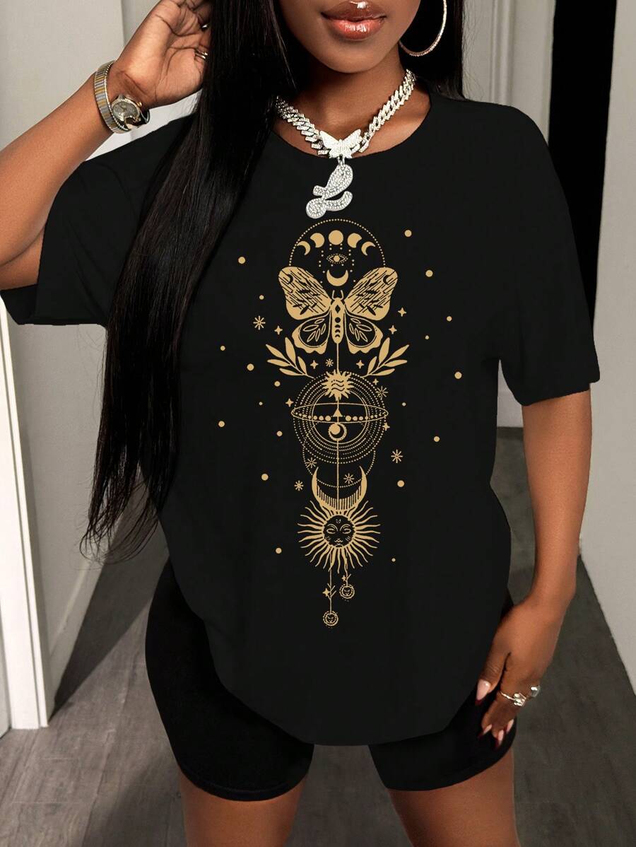 BamGleam Women's Oversized Butterfly Print Loose Fit Basic Drop Shoulder T-Shirt Graphic Tees Women Tops