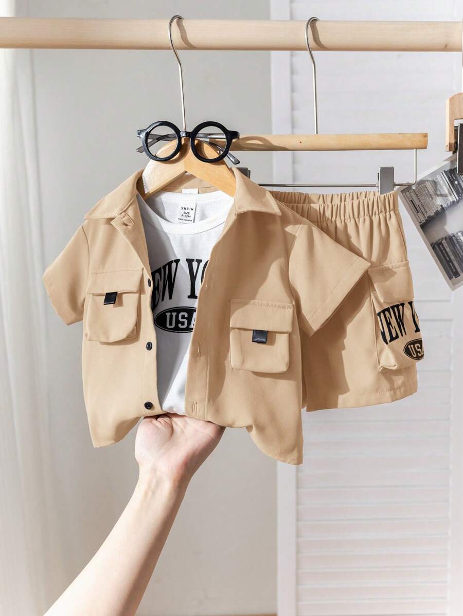 SHEIN 3pcs/Set Baby Boy/Girl Letter Print Soft Knit Collared Short Sleeve Cardigan And Solid Color Elastic Waist Shorts - Khaki - View 1