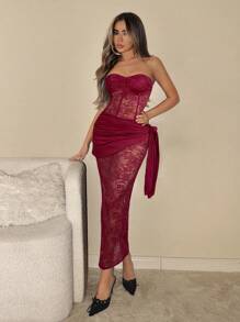 SHEIN ICON 性感抹胸侧垂半透视超长连衣裙 - 酒紅色 - 查看 3