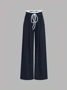 SHEIN Unity 女士两件套休闲夏季上衣，镶边圆领，系带腰裤，荷叶边下摆 - 寶藍色 - 查看 3