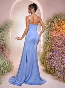 Glamrae Elegant Luxurious 3D Floral Rhinestone Embellished Stretch Satin Ruched Mermaid Maxi Skirt With Side Slit,Suitable For Wedding,Party,Formal Occasion - Green - View 3