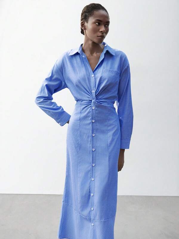 Maija Women Summer Vacation Waist Tie Shirt Collar Single-Breasted Pleated Waist Design Classic Blue Long Sleeve Dress, Suitable For Music Festivals, Easter,Vacation Outfits