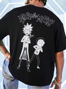Rick and Morty X SHEIN Men's Cartoon & Letter Print Black Round Neck Short Sleeve T-Shirt, Emo, 2000s Style - Black - View 3
